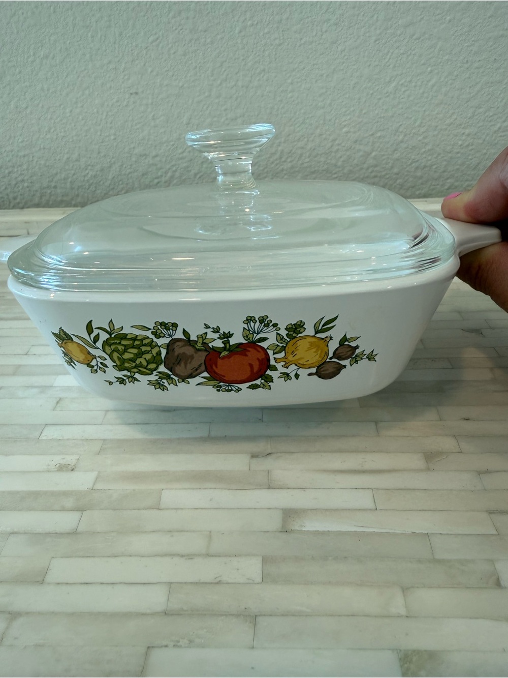 Corningware White Casserole Dish with Red, Green, Yellow Vegetable Motif